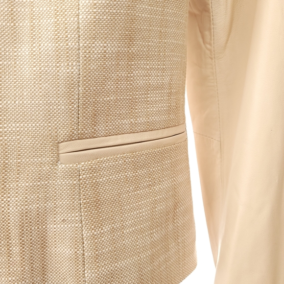 DANIER ITALIAN LEATHER/Tweed Jacket Stand Collar Faux Welt Pockets Cream Sz XS - Picture 8 of 11